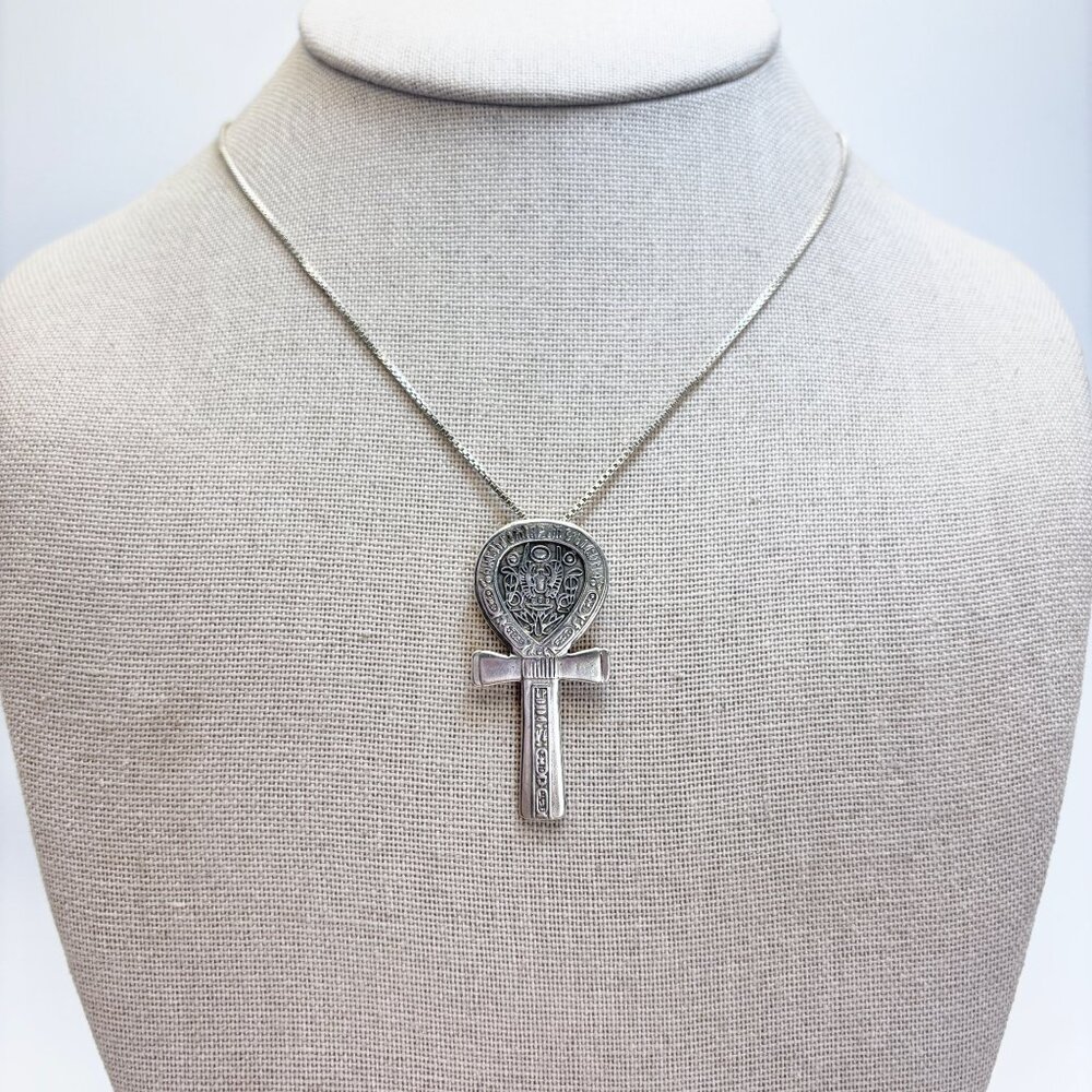 Egyptian Ankh Pendant Necklace Spring Ring Sterling Silver 925 Size 18" Length